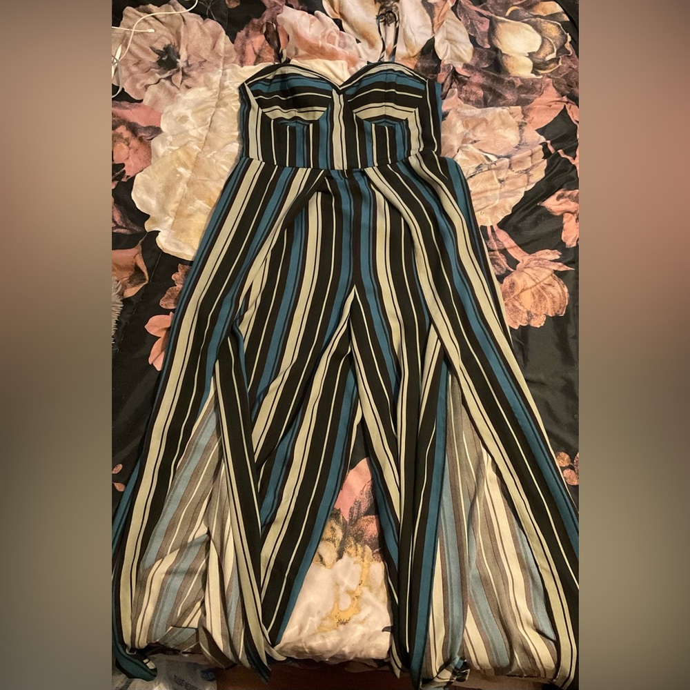 Blue black and gray striped romper